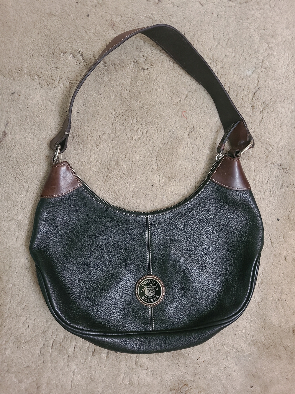 Dooney & Bourke Black Leather Shoulder Bag with Brown Trim